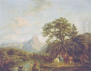 A Shepherdess On A Pony Watching Cattle, Sheep And Goats With Travellers And Bathers Nearby In An Alpine Landscape In Summer