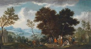 Bewaldete Fluslandschaft Mit Vielen Figuren by Johannes Jakob Hartmann