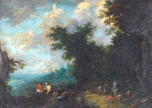 Travellers In An Extensive Wooded River Landscape (+ Fishermen Returning To The Village Before A Coastal Landscape; Pair)