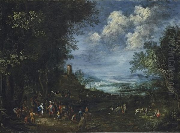 An Extensive, Wooded River Landscape, With David And Abigail - view 1