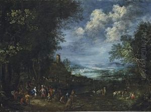 An Extensive, Wooded River Landscape, With David And Abigail