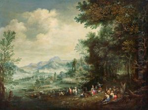 Bewaldete Flusslandschaft Mit Lagernden Personen Am Rechten Ufer