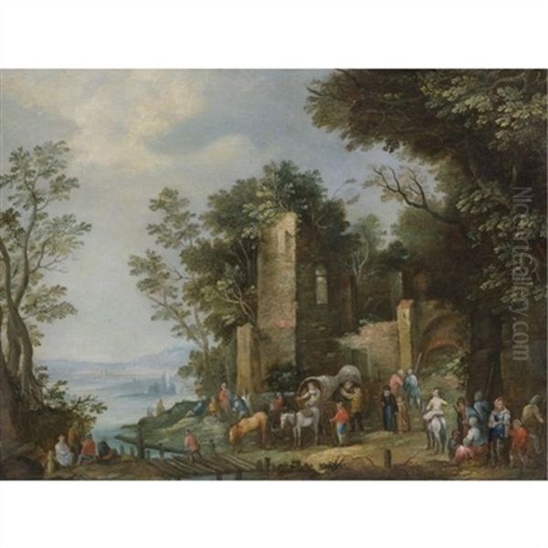 A River Landscape With Travellers Crossing A Bridge In Front Of A Ruined Castle by Johannes Jakob Hartmann