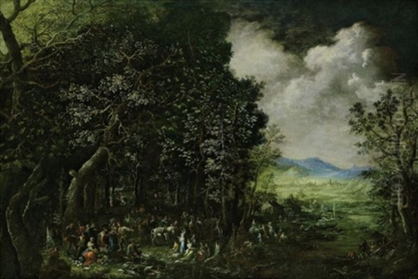 Grose, Bewaldete Flusslandschaft Mit Vielen Figuren, Im Hintergrund Eine Stadt: Allegorie Der Erde Und Des Wassers - view 1