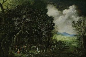 Grose, Bewaldete Flusslandschaft Mit Vielen Figuren, Im Hintergrund Eine Stadt: Allegorie Der Erde Und Des Wassers