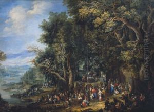 Bewaldete Fluslandschaft Mit Vielen Figuren, Fischen Und Booten by Johannes Jakob Hartmann