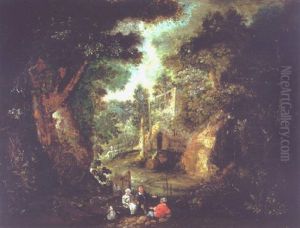 A Wooded River Landscape With Travellers Resting On A Path, Ruins Beyond by Johannes Jakob Hartmann