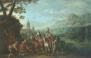 A Mountainous Landscape With An Elegant Couple Returning From A Hunt by Johannes Jakob Hartmann