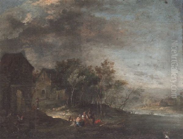 Peasants Conversing On A River Bank Outside A Village - view 1