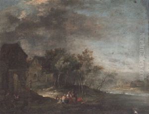 Peasants Conversing On A River Bank Outside A Village