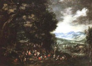 St. John The Baptist Preaching In A Wooded Landscape, An Extensive River Valley Beyond by Johannes Jakob Hartmann