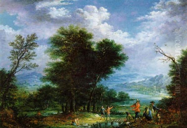 Flusslandschaft Mit Rastenden Und Einer Waescherin - view 1