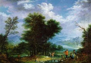 Flusslandschaft Mit Rastenden Und Einer Waescherin Flusslandschaft Mit Rastenden Und Einer Waescherin