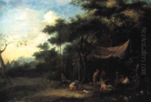 A Wooded Landscape With Elegant Company Merrymaking In A Clearing by Johannes Jakob Hartmann