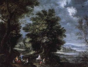 Chemin Boise Pres D'un Lac Anime De Promeneurs by Johannes Jakob Hartmann