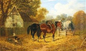 At The Farm, Horses And Chickens by Ludwig Hartmann