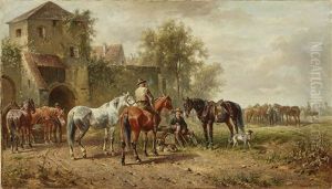 Horse Fair In Front Of The City by Ludwig Hartmann