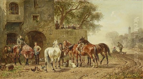 Horses Drinking In Front Of A Rest House - view 1