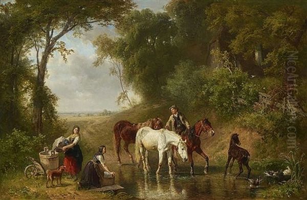 Bauer Mit Pferden Am Waldteich by Ludwig Hartmann