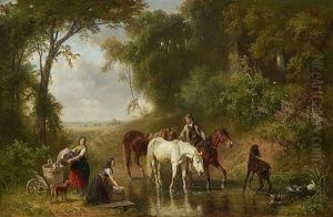 Bauer Mit Pferden Am Waldteich by Ludwig Hartmann