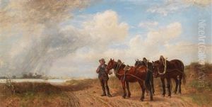 Towing Horses On The Riverbank