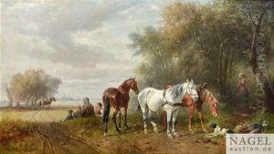 Bauern Und Pflugpferde Bei Der Mittagsrast by Ludwig Hartmann