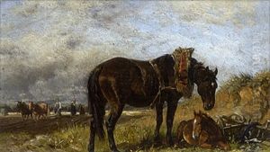 Stute Mit Fohlen Am Feldrand by Ludwig Hartmann