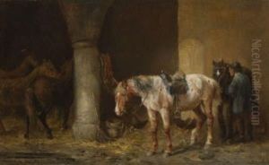 Bauer Mit Pferden Im Stall by Ludwig Hartmann
