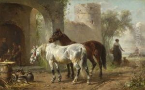 Zwei Pferde Auf Der Dorfstrase by Ludwig Hartmann
