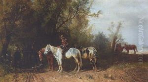 Bauern Mit Pferden Am Waldrand by Ludwig Hartmann