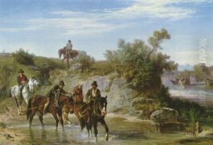 Oberbayerische Flusslandschaft (am Inn?) Mit Treidlern In Der Furt Vorn by Ludwig Hartmann