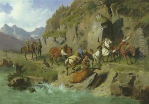 Treidelknechte Mit Pferden Auf Dem Leinpfad Am Flusufer Beim Schleppen Von Lastkahnen (inn-tal?) by Ludwig Hartmann