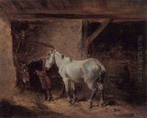 Zwei Pferde Im Stall Bei Der Futterkrippe by Ludwig Hartmann