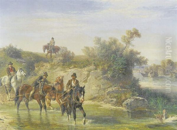 Chevaux Passant Au Gue - view 1