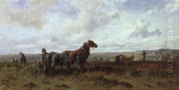Bauern Beim Pflugen Mit Pferde- Und Ochsengespann by Ludwig Hartmann