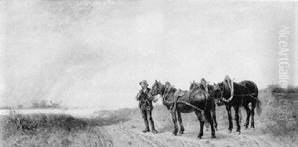 Man With Three Horses By A River - view 1