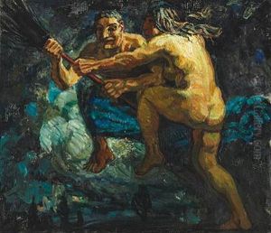 Two Witches With A Broom by Oluf Hartmann