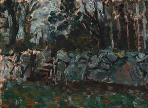 Stone Fench In Woods By Fuglsang, Denmark by Oluf Hartmann