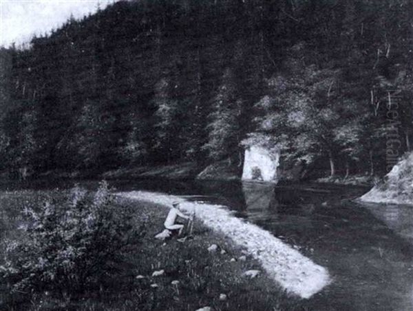 Maler Mit Seiner Staffelei Am Ufer Eines Ruhigen Gewassers - view 1