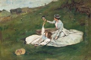 The Artist's Wife And Daughter With Jay by Archibald Standish Hartrick