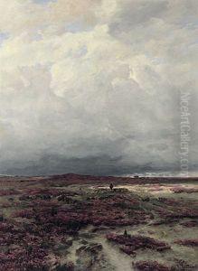 Blick In Die Herbstliche Luneburger Heide Mit Bluhender Erika Und Schafer Mit Seiner Herde