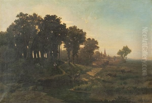 Flusslandschaft Mit Hirte, Weidender Kuh Und Dorf - view 1