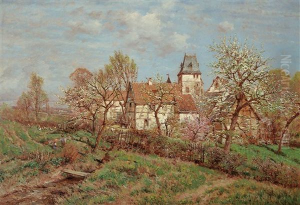 Niederrheinlandschaft Mit Einem Befestigten Bauerngehoft Zwischen Bluhenden Obstbaumen - view 1