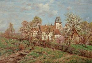 Niederrheinlandschaft Mit Einem Befestigten Bauerngehoft Zwischen Bluhenden Obstbaumen