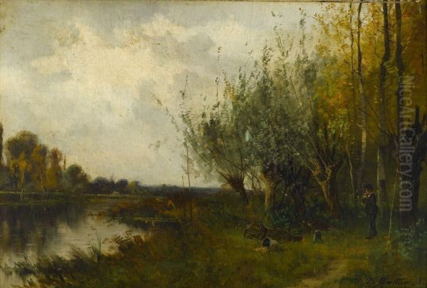 Figure With Eel Baskets By A River - view 1