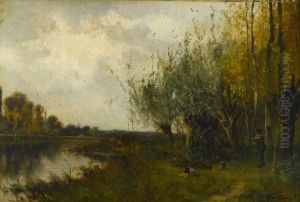 Figure With Eel Baskets By A River by Pierre Ernest Ballue