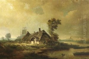 Friesische Landschaft Mit Gehoft Und Windmuhle