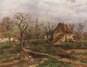 Fruhlingserwachen. Bauernkaten An Bachlauf In Feld- Und Wiesenlandschaft