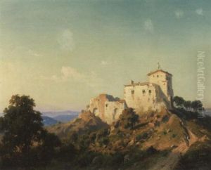 Italienische Landschaft. Alte Burganlage Auf Einem Hugel Im Abendlicht