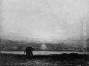 Siamesische Landschaft Mit Elephant Vor Untergehender Sonne An Einem Flus